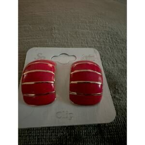 New 90s Vintage Chunky Clip On Ribbed Pink Enamel Earrings Statement Huggie